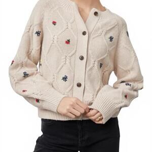 Rails Laurie Cardigan Oatmeal Embroidered Knit Button Front Womens Small Sweater